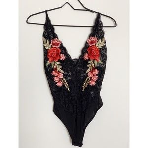 FOREVER 21 • Rose Lace Sheer Black Bodysuit